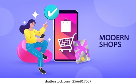 Woman holding credit cards from the mobile screen. Online shopping or mobile shopping app concept. Holiday Shopoholic Character Holding Shopping Bag. E-commerce advertising. Internet store. vector