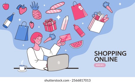 Woman holding credit cards from the mobile screen. Online shopping or mobile shopping app concept. Holiday Shopoholic Character Holding Shopping Bag. E-commerce advertising. Internet store. vector