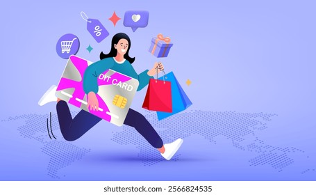 Woman holding credit cards. Online shopping or mobile shopping app concept. Holiday Shopoholic Character Holding Shopping Bag. E-commerce advertising. Internet store. vector