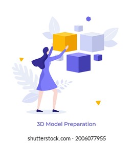 Woman holding cubic objects. Concept of 3d model creation, preparation, three-dimensional computer graphics, digital sculpting, rendering, virtual simulation.Modern flat vector illustration for banner