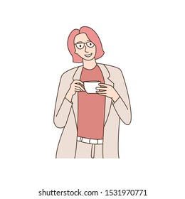 Woman holding a cup of coffee for breakfast or break. Hand drawn style design vector illustration