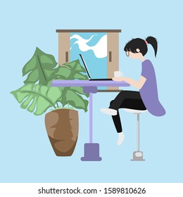 a woman holding a cup of coffee in front of her laptop, vector design, business vector concept