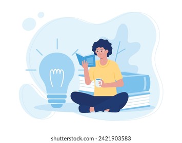 woman holding a cup of coffee and reading a book trending concept flat illustration