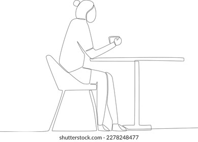 A woman holding a cup of coffee. Coffee shop activity one line drawing