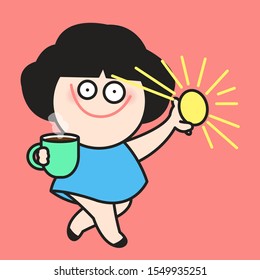 Woman Holding A Cup Of Coffee And Sun In Hands. Funny Girl With Her Daily Morning Must Have Items Concept Card Character illustration