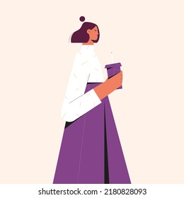 Woman holding a cup of coffee or tea in her hand. Vector flat illustration of woman with hot drink in a hand.  Woman enjoying hot drink.