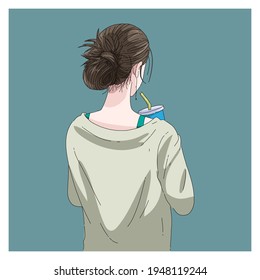 Woman holding a cup drinking sweet water, back side pose, vector illustration as a poster card