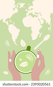 Woman holding a cup of green tea. International Tea Day. Greeting card design. Template for banner, background or card. Vector illustration. 