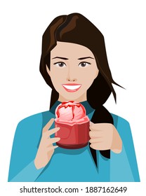 A woman holding a cup with ice cream in her hand.Vector illustration isolated on white background.