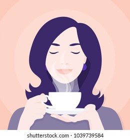 A woman is holding a cup of tea or coffee. The pleasure of a hot drink. Vector illustration