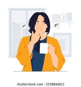 Woman Holding Cup Of Tea Or Coffee In Hand At Morning, Sleepy And Tired, Wants To Sleep, While Yawning. Night Owl Type Concept Illustration