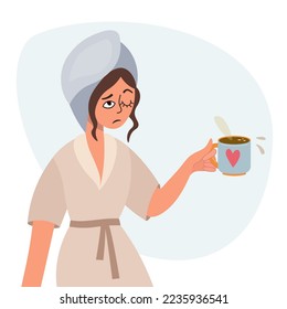 A woman holding a cup of tea or coffee in her hand in the morning, sleepy and tired, wants to sleep. Night owl type concept illustration, awakening. Cartoon flat simple illustration.