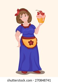 Woman holding a cupcake with currants. Vector illustration
