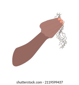 Woman Holding Curly Hair Clump After Combing. Hair Fall Problem And Alopecia Diagnostics Concept. Bunch Of Strands After Washing Scalp. Cartoon Vector Illustration