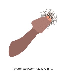 Woman Holding Curly Hair Clump After Combing. Hair Fall Problem And Alopecia Diagnostics Concept. Bunch Of Strands After Washing Scalp. Cartoon Vector Illustration