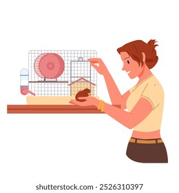 Mujer que sostiene el hámster lindo del bebé para moverse en la jaula con la rueda y la pequeña casa. Personaje de dueño de mascota femenina de pie con la mejor amiga divertida y sonriente con amor y cuidado Ilustración vectorial de dibujos animados