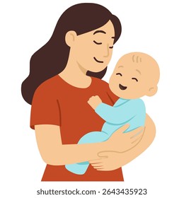 Woman holding a cute baby in her arms. Pregnancy and breastfeeding concept. Mother and child in warm clothes. Mother's day, vector illustration with floral botanical leaf ornament in cartoon style.