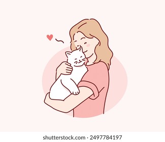  Mujer que sostiene el gato lindo. Ilustraciones de diseño de Vector de estilo dibujado a mano.