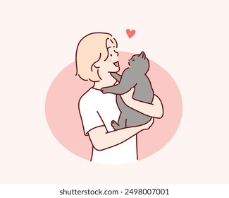  woman holding cute cat. Hand drawn style vector design illustrations.