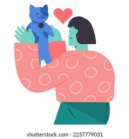 A woman holding cute cat  Loving domestic pets   cat person concept  Smiling red haired girl standing   leaning loving cat kitty and her head feeling in love vector illustration  hand drawn