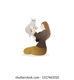 A Woman holding a cute cat. Young woman sitting on the floor holding with her cat. Pretty young girl and her cat on white background. Vector illustration