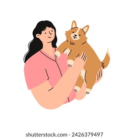 Woman is holding a cute Corgi dog in her hands. Pet owner. Flat vector illustration.