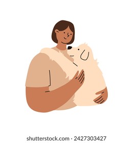 Woman is holding a cute Labrador dog in her hands. Pet owner. Flat vector illustration.