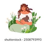 Woman holding cute rabbit in hands. Pretty young girl caring for bunny in meadow, nature. Female with domestic animal, pet in summer countryside. Flat vector illustration isolated on white background