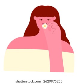 woman holding daisy flower near lips, natural beauty and skincare concept