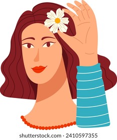 Woman holding a daisy to her hair, smiling gently, wearing a blue striped shirt. Elegant lady with a flower clipart. Femininity and spring fashion vector illustration.