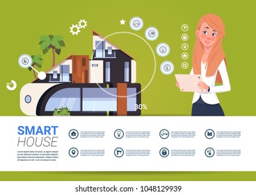 Woman Holding Digital Tablet With Smart Home Control And Administration System Interface Concept