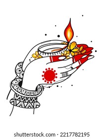 Woman holding diya on white background 