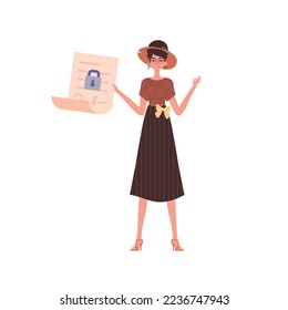 The woman is holding a document. Data protection concept. Smart contract. Trend style character. - Powered by Shutterstock - Get 15% off with code: PIKWIZARD15