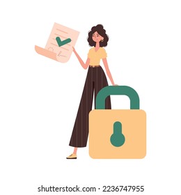 The woman is holding a document. Smart contract concept. Data protection. Trend style character.