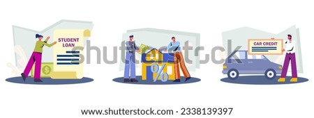 Woman holding document for student loan. Bank loan to buy valuables concept. Get fast money concept. Bank-provided funding for credit and loan. Flat vector illustration in blue colors