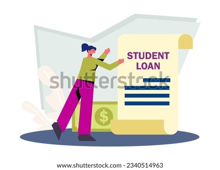 Woman holding document for student loan. Bank loan to buy valuables concept. Get fast money concept. Bank-provided funding for credit and loan. Flat vector illustration in blue colors