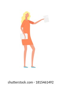 Woman holding documents in hand vector, isolated lady wearing formal dress. Boss of corporation with tasks, advisor secretary working female character