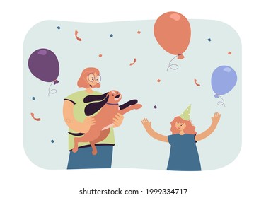 Woman holding dog and little birthday girl. Flat vector illustration. Mom giving puppy to her daughter on birthday, colorful balloons flying around. Birthday party, family, gift, animal, pet concept