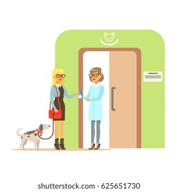 Woman holding a dog on a leash in veterinary clinic. Colorful cartoon character Illustration