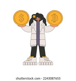 Woman holding dollar and bitcoin. Character trendy style.
