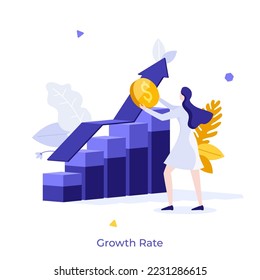 Woman holding dollar coin and ascending bar chart. Concept of financial growth rate, business development and success, growing earnings, revenue or income. Modern flat vector illustration for poster.