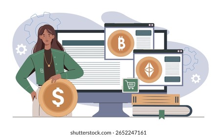 Mulher segurando moeda de dólar na frente do monitor com Bitcoin e símbolos Ethereum, estilo plano, em fundo abstrato. Conceito de criptomoeda e financiamento digital. Ilustração vetorial