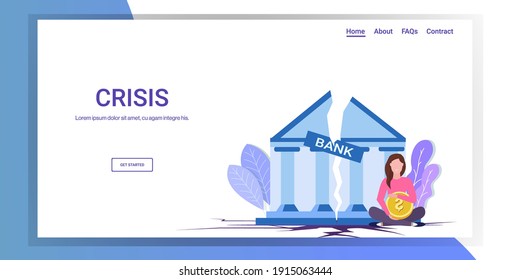 woman holding dollar coin near destroyed bank building financial crisis bankrupt investment risk currency decline budget collapse concept horizontal copy space vector illustration