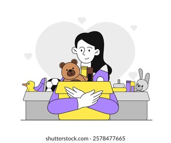 Woman holding a donation box filled with toys and essentials, surrounded by additional boxes, on a white background with heart shapes. Charity concept. Vector illustration