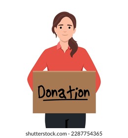 Woman Holding Donation Box Vector Illustration. Volunteer in humanitarian cause collecting altruist supporting aid doing community service and philanthropic gesture. Flat vector illustration isolated 