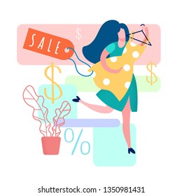 Woman Holding Dress Cartoon Vector Illustration. Gown Boutique, Showroom. Percentage Discount for Customers. Sale Tag. Cheap Womens Clothes. Happy Girl Shopping. House Plant in Pot