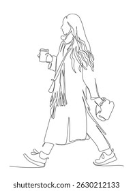 Woman holding drink and package with snack walking. Wear coat and scarf. Side view. Continuous line drawing. Black and white vector illustration in line art style.