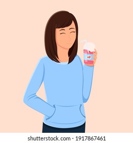 woman holding drinks in plastic cups. smiling face with happy eyes. a strawberry drink with a strawberry icon as a label. vector illustration.