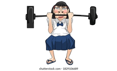 woman holding dumbbell in gym character drawing, vector