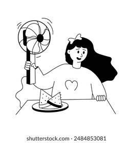 A woman holding electric fan, hot summer vector illustration